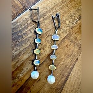 Vintage Sterling Silver Rhodium plated earrings with opals,melee diamonds pearls